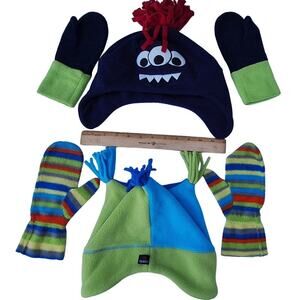 Hanna Andersson Kids  Fleece Hats + Mittens Big Kid L Blue Green Monster